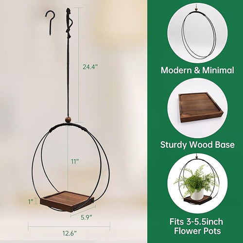 2 Pack Hanging Planter for Indoor Plants, Black Plant Hanger with Sturdy Wood Base, Modern Boho Macrame Hanger, Wall Ceiling Window Planter (Plants/Pots Not Included)