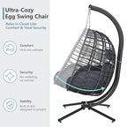 SWITTE Double Egg Swing Chair with Stand, Outdoor Patio 2 Person Hanging Wicker Hammock Chairs with Cushion for Indoor Bedroom, Lawn, Garden-Dark Grey