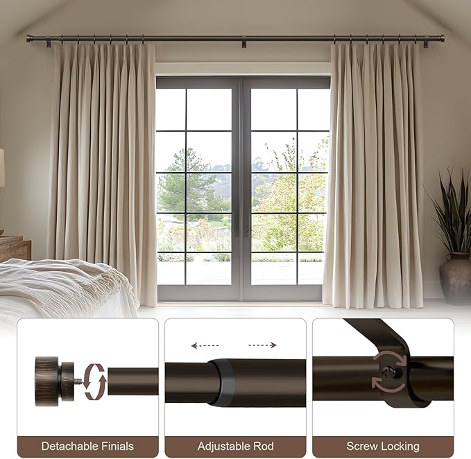 Modern Antique Brown Bronze Curtain Rods for Windows 66 to 120 Inches Adjustable Heavy Duty 1" Diameter Window Rod with Decorative Finials for Outdoor Farmhouse Bedroom Kitchen Living Room