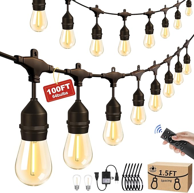 String Lights, 100FT Outdoor with 64 Warm Yellow LED Bulbs