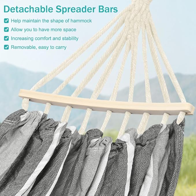 MOSFiATA Camping Hammock 550lb Upgraded Thickened 320G Durable Canvas Fabric Hammocks with Anti Roll Balance Beam and Sturdy Metal Knot for Camping, Patio, Backyard, Outdoor（Grey）