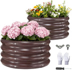 GOOZOO 2PC Galvanized Planter Raised Garden Beds, 2x2x1ft Raised Garden Bed Kit for Gardening Outdoor, Round Metal Land Planter Box for Vegetables, Fruits, Flowers（Brown）