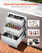 VEVOR Outdoor Kitchen Drawers 18.11" W x 23.23" D x 23.23" H, Triple-Access Stainless Steel BBQ Drawers with Handles, BBQ Island Drawer for Outdoor Kitchens or Barbeque Island Patio Grill Station