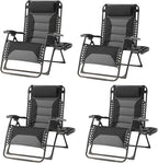 Zero Gravity Chair Set of 4 Oversized Padded Recliner with Adjustable Headrest & Cup Holder - 600D Oxford Folding Lounge Chair for Outdoor Camping, Patio, Poolside (Black & Gray)