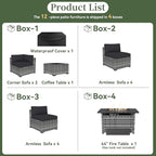 Aoxun 12 Piece Patio Furniture Set with 44” Fire Pit Table Wicker Rattan Outdoor Sectional Sofa Set with Coffee Table and Thickened Cushions, Grey/Black (Waterproof Cover Included)