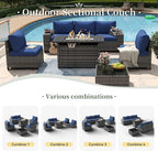 Aoxun 7 Piece Patio Furniture Set with Wide Armrests & 44” Fire Pit Table Wicker Rattan Outdoor Sectional Sofa Set with Coffee Table and Thickened Cushions, Gray/Blue(Waterproof Cover Included)