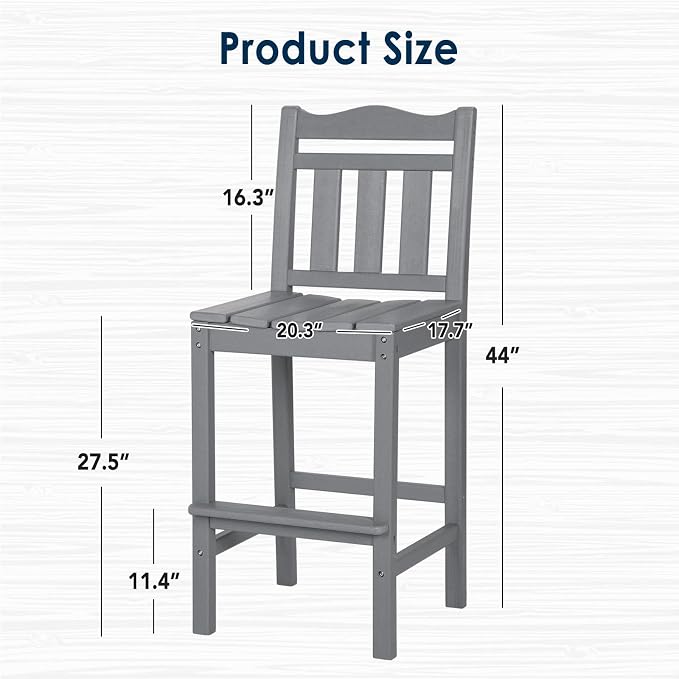 Bar Chairs Set of 2, Grey HDPE Patio Stools with 500 lb Capacity
