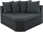 Merax 7-Piece Outdoor Wicker Sectional Sofa Set,Modular Rattan Conversation Set with Gray Cushions,Striped Green Pillows & Tempered Glass Coffee Table for Patio,Garden,Deck,Black