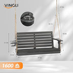 VINGLI Heavy Duty 1600 LBS HDPE Porch Swing Outdoor with Rotatable Cup Holder, 4 FT Patio Bench Swing with Adjustable Chains, 2 Person Hanging Porch Swing Chair for Porch, Yard, Tree, Garden - Grey