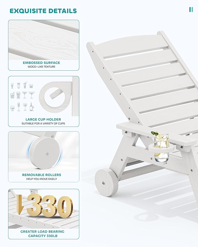 SERWALL Patio Chaise Lounge Chair Set of 4, 5 Positions Adjustable Poly Outdoor Lounger for Pool, HDPE Lounge Chair with Rolling Wheels & Cup Holder for Poolside, Deck, White