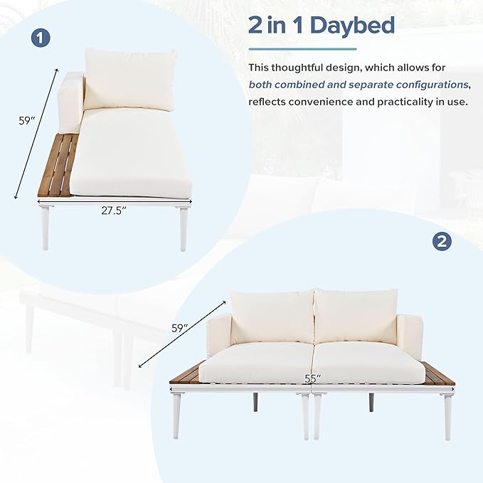 Polibi Patio Metal Daybed with Wood Topped Side Spaces for Drinks,Modern Outdoor Daybed 2 in 1 Padded Chaise Lounges for Poolside, Balcony, Deck,Beige
