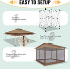 COBIZI 13x13 Pop Up Gazebos On Clearance Canopy Tent- Upgrade Metal Outdoor Canopy Waterproof - Portable Gazebo with Mosquito Nettings, 4 Ropes 8 Stakes and Carry Bag for Patio Garden(Brown)