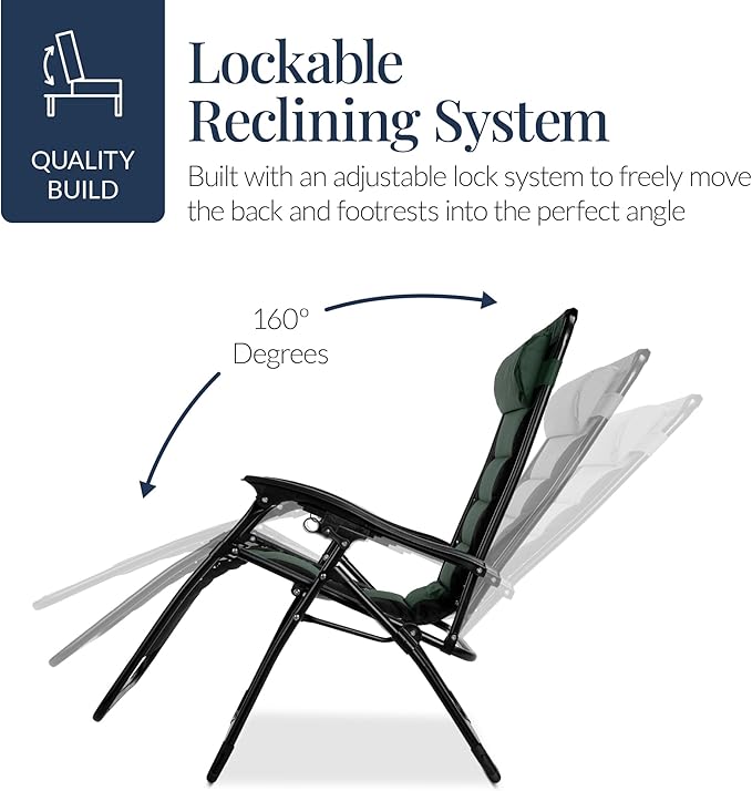 Best Choice Products Oversized Padded Zero Gravity Chair, Folding Outdoor Patio Recliner, XL Anti Gravity Lounger for Backyard w/Headrest, Cup Holder, Side Tray, Polyester Mesh - Forest Green