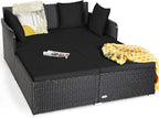 HAPPYGRILL Patio Rattan Daybed Outdoor Loveseat Sofa Set with Padded Cushion Pillows and Sturdy Aluminum Foot Wicker Patio Furniture for Garden Porch Poolside
