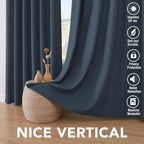 H.VERSAILTEX Linen Curtains 100% Blackout Curtains for Bedroom 90 inch Long Full Light Blocking Nature Linen Blended Window Curtains for Living Room Nickel Grommet (2 Panels, Navy)