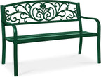 Best Choice Products Outdoor Bench Steel Garden Patio Porch Furniture for Lawn, Park, Deck w/Floral Design Backrest, Slatted Seat - Dark Green