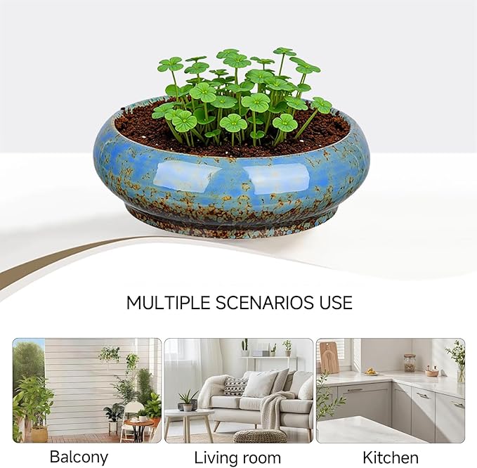 7.3 Inch Succulent Planters Pots Shallow Ceramic Glazed Planter Pots, Lotus Bowl Planter Round Shallow Planter Water Lily Pot for Indoor/Outdoor Plants Decorative (Blue)