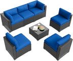 Aoxun Patio Furniture Set, 7 Piece Outdoor Sectional Sofas with Waterproof Cover, Wicker Rattan Outdoor Furniture Patio Conversation Set for Backyard, Garden Navy Blue