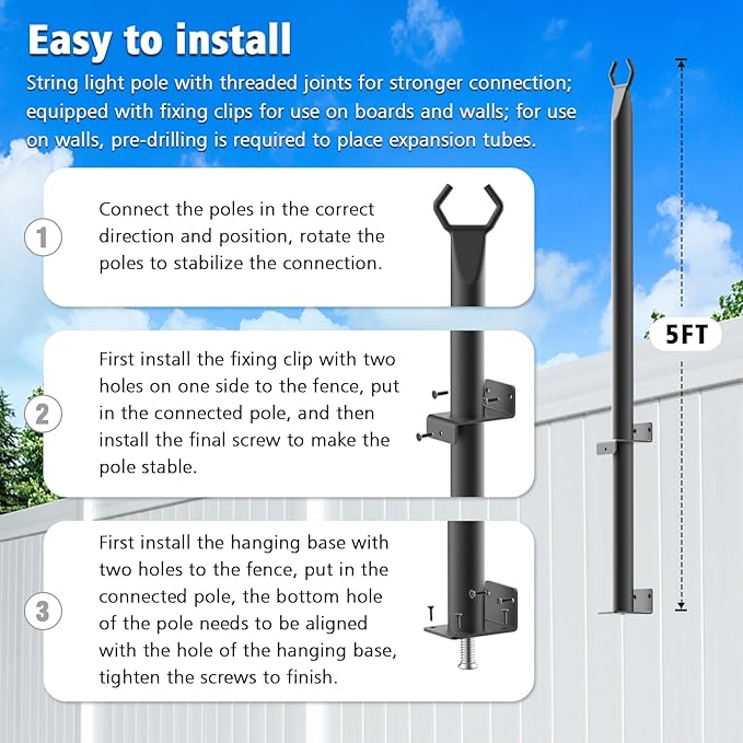 AILBTON 8 Pack 5Ft String Light Poles,Light Poles for Outside String Lights,Outdoor Light Poles with Fence Bracket,Metal Pole Stand for Patio,Backyard,Deck