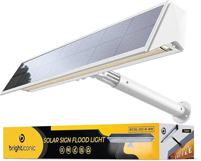 Brighticonic Solar Sign Lights Outdoor White – LED Solar Sign Light for House Numbers & Real Estate Signs – 13" Warm White Floodlight, IP65 Waterproof, Dusk to Dawn Solar Mailbox Light