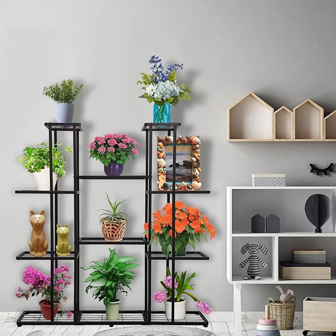 MTB Garden 4 Tier 11 Potted Metal Large Plant Stand for Indoor Outdoor Flower Pot Display Planter Shelf, Charcoal Grey
