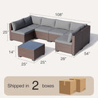 7 Pieces Outdoor Patio Furniture Set, PE Rattan Outdoor Wicker Sectional Furniture Sofa Set, with Cushions and Glass Coffee Table, for Balcony, Porch, Garden, Grey