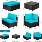 Tangkula 6 Piece Patio Furniture Set, Outdoor Deck Lawn Backyard Durable Steel Frame PE Rattan Wicker Sectional Sofa Set, Conversation Set with Coffee Table (Turquoise)