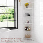 Crofy Foldable 5 Tier Corner Shelf, Metal Corner Plant Stand with White Frame and Transparent Shelves, Corner Display Rack Multipurpose Shelving Unit for Living Room, Bedroom, Bathroom