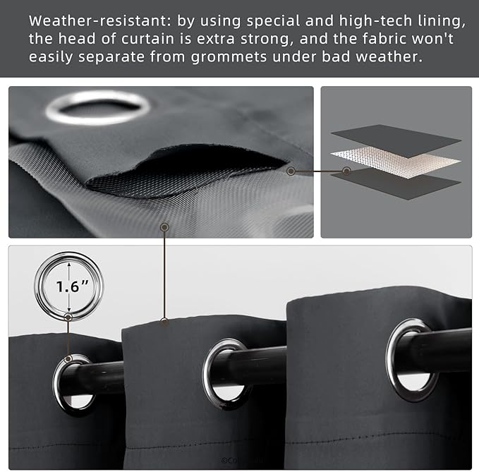 DIVA EN CAMINO DEC Outdoor Patio Curtain Waterproof Darkening Thermal Insulated Indoor Curtains for Bedroom, Porch, Living Room, Pergola, Cabana, W52 x L95, Dark Gray, Set of 2 Panels
