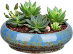 7.3 Inch Succulent Planters Pots Shallow Ceramic Glazed Planter Pots, Lotus Bowl Planter Round Shallow Planter Water Lily Pot for Indoor/Outdoor Plants Decorative (Blue)