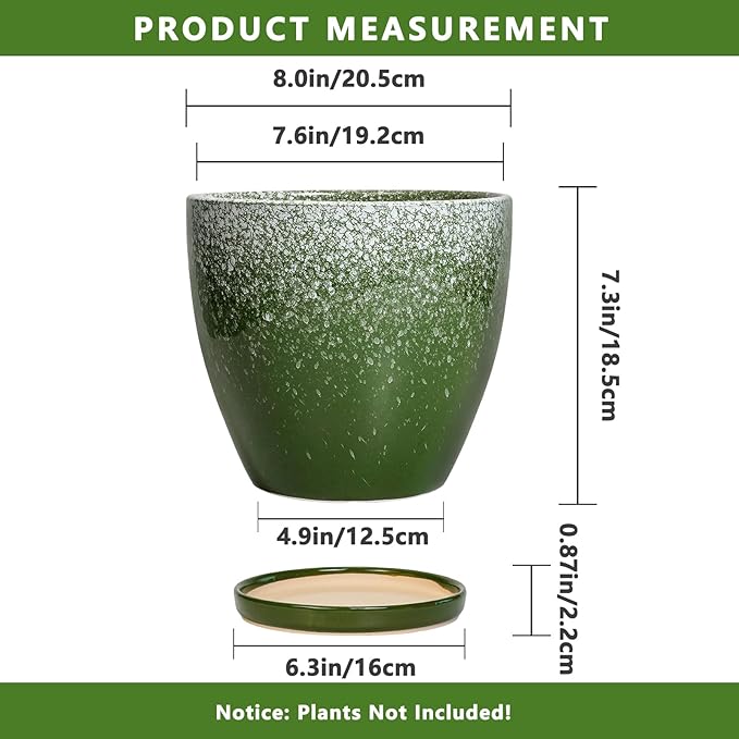 Ceramic Pots for Plants - 8 Inch Planter for Indoor Outdoor Plants, Round Planter, Large Flower Pot with Drainage and Saucer, Home Room Garden Office Decor, Birthday Gifts, Green