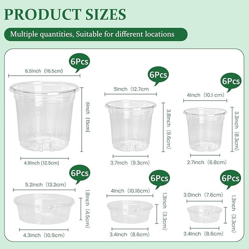 18 Pack 6.5/5/4 Inch Clear Self Watering Plant Pots with Bottom Water Tray & Watering Rope, Transparent Nursery Pots with Drainage for Seedlings, Herbs, and Houseplants