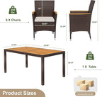 Devoko Dining 7 PCS Furniture, Patio Conversation Set with Acacia Wood Table Top, Outdoor, Beige Cushion and Brown Rattan