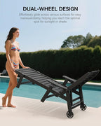 Carauci Lounge Chair Outdoor Set of 2, HDPE Chaise Lounge with Wheels, 5-Position Adjustable Backrest & 2 Cup Holders Patio Lounge Chair, All-Weather Pool Sun Lounger for Poolside, Backyard, Black