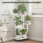 Plant Stand 5 Tier Indoor Outdoor Metal Flower Shelf with Wheels Multi Plants Holder Display Rack for Garden Patio Balcony Living Room White (White, 5 Tier)