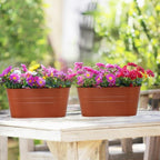 3 Pack Metal Railing Planters, 10.5" Oval Hanging Flower Pots with Detachable Hooks & Drainage Holes, Fits Rails up to 2.36", Galvanized Iron Fence Bucket for Balcony Garden Patio - Terracotta