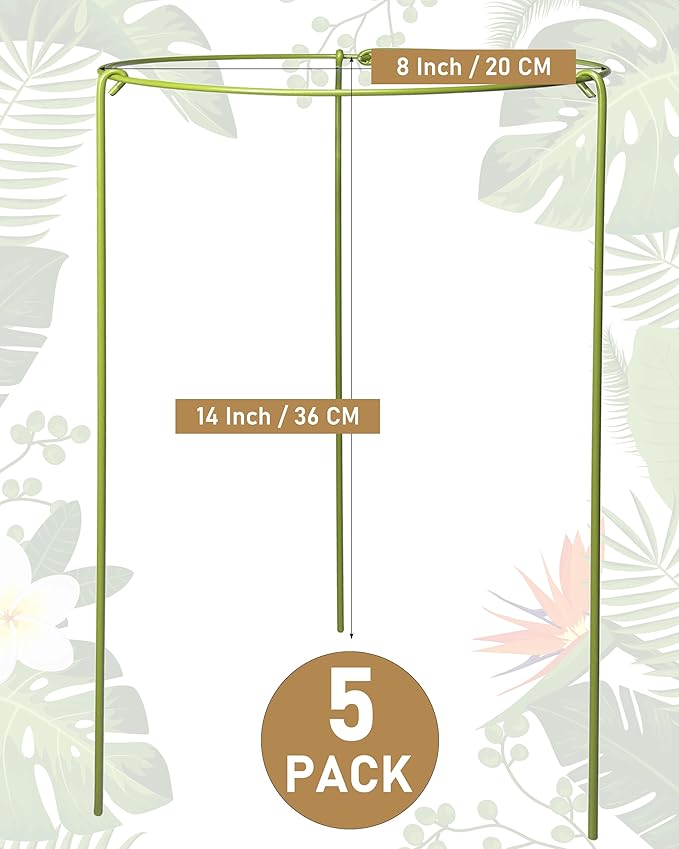 5-Pack Heavy Duty Plant Support Stakes, Metal Plant Ring Cages for Indoor Outdoor Plants, Adjustable Garden Stakes for Peonies, Monstera, Pothos, Hydrangea, Vines & Potted Plant (8" W x 14" H)