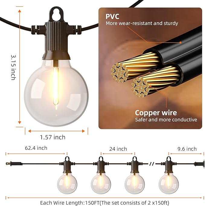 String Lights 300FT Warm White G40 LED with IP65 Waterproof Rating