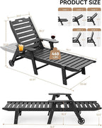 Carauci Lounge Chair Outdoor Set of 2, HDPE Chaise Lounge with Wheels, 5-Position Adjustable Backrest & 2 Cup Holders Patio Lounge Chair, All-Weather Pool Sun Lounger for Poolside, Backyard, Black