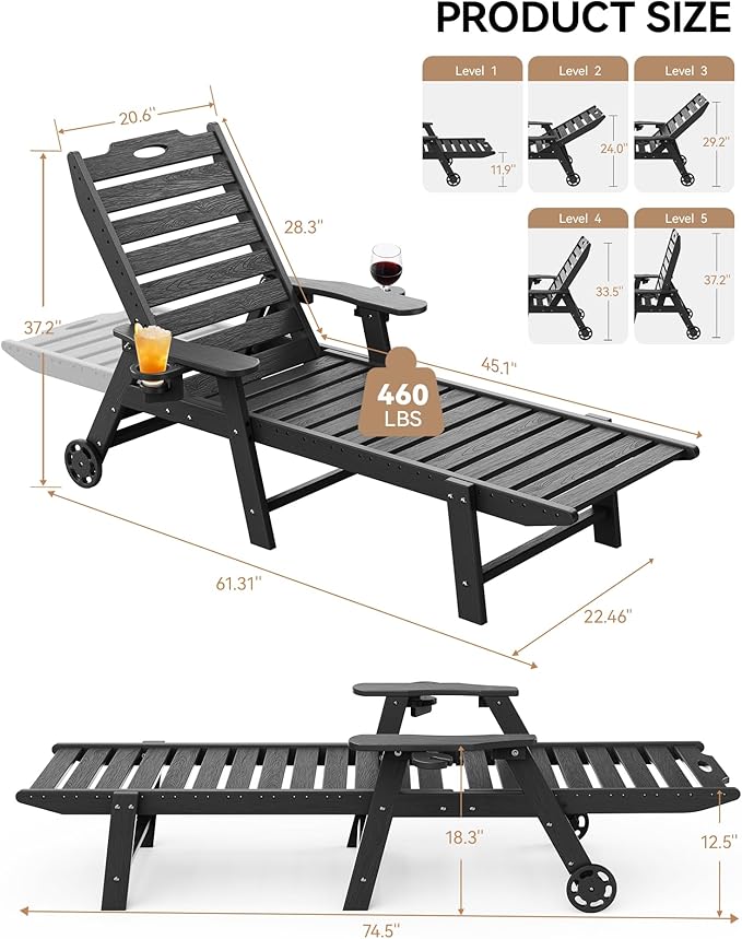 Carauci Lounge Chair Outdoor Set of 4, HDPE Chaise Lounge with Wheels, 5-Position Adjustable Backrest & 2 Cup Holders Patio Lounge Chair, All-Weather Pool Sun Lounger for Poolside, Backyard, Black