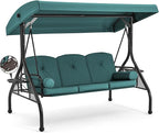 HOMREST 3 Seat Outdoor Porch Swing with Adjustable Canopy, Convertible Patio Swing Bed with Stand, Patio Glider Swing with Upgraded Cup Holder, Thicken Cushions ＆ Pillow for Backyard（Green）