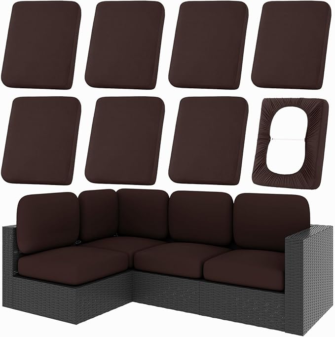 Cushion Covers 8-Piece Stretch Patio Set in Coffee with Anti-Slip Straps