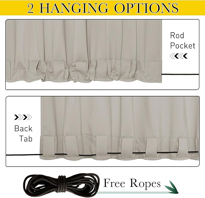 NICETOWN 2 Panels Outdoor Curtains for Patio Extra Wide 84", Waterproof & Windproof Grommet & Back Tab Fixed Top and Bottom Sun Blocking Privacy Drapes with Rope for Gazebo, Natural, W84 x L108