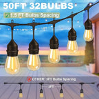 String Lights, 50 FT Outdoor LED Set with 32 Bulbs and Remote