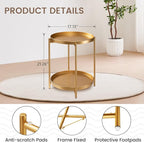 danpinera 2-Tier End Table, Outdoor Side Table, Metal Round Desk with Removable Tray, Small Folding Accent Desk, Anti-Rust Nightstand for Bedroom Balcony Patio Living Room, Set of 2 (Gold)
