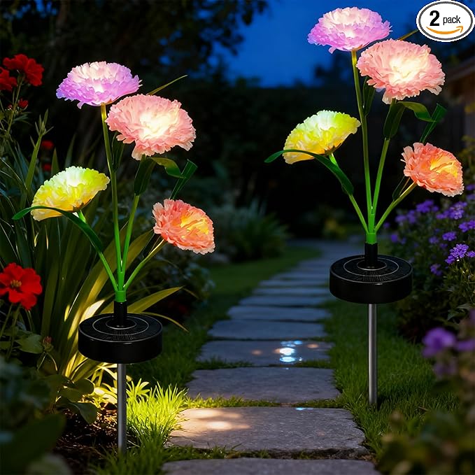 Upgraded Solar Garden Lights, 2 Pack Outdoor Solar Lights, New Round Panel for 40-Hour Runtime, Serve as Outdoor & Indoor Decor, 7-Color Changing Flower Lights, Waterproof for Patio Yard Decoration