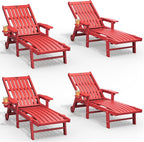 Patio Chaise Lounge Chair Set of 4, Oversized Lounge Chair Outdoor with 5 Positions, HDPE, Patio Lounge Chair with Wheels & Cup Holder for Pool, Deck, Poolside,Red