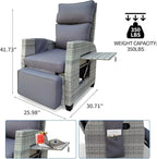 Wicker Outdoor Recliner | 145° Wicker Patio Reclining Chair with 4" Cushion | Air Pump Adjustable Backrest & Footrest, Flip-up Table & Side Pocket for Yard Patio Porch (Gray)