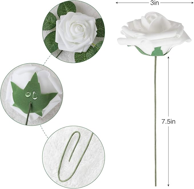 Artificial Flowers, 100 Pcs White Foam Roses with Thin Wire Stems