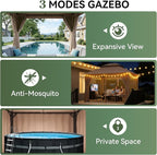 Aoxun 10x12 Outdoor Gazebo with 50FT LED Hanging Lights Metal Frame Canopy with Double Roofs Heavy Duty Party Tent Shelter with Mosquito Netting and Privacy Screen for Backyard, Lawn, Garden(Khaki)